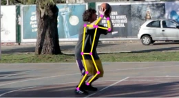 Basketball pose detection demonstration - AI skeleton overlay showing movement patterns and pose data for basketball shot movement analysis