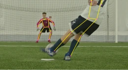 Football pose detection demonstration - AI skeleton overlay showing movement patterns and pose data for football movement analysis