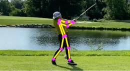 Golf pose detection demonstration - AI skeleton overlay showing movement patterns and pose data for golf swing movement analysis