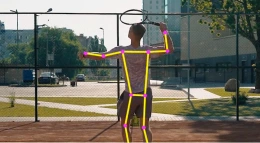 Tennis pose detection demonstration - AI skeleton overlay showing movement patterns and pose data for tennis serve movement analysis