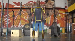 Weightlifting pose detection demonstration - AI skeleton overlay showing movement patterns and pose data for olympic lifting movement analysis